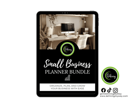 Small Business Planner Bundle on tablet showing organization tools for entrepreneurs to grow their business with ease.