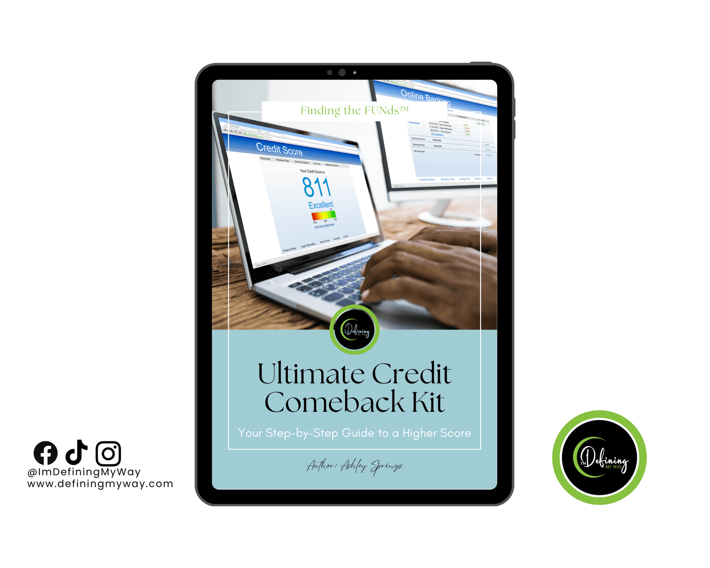Ultimate Credit Comeback Kit -aka- the improve my credit score guide for moms showcasing credit improvement workbook displayed on a tablet.