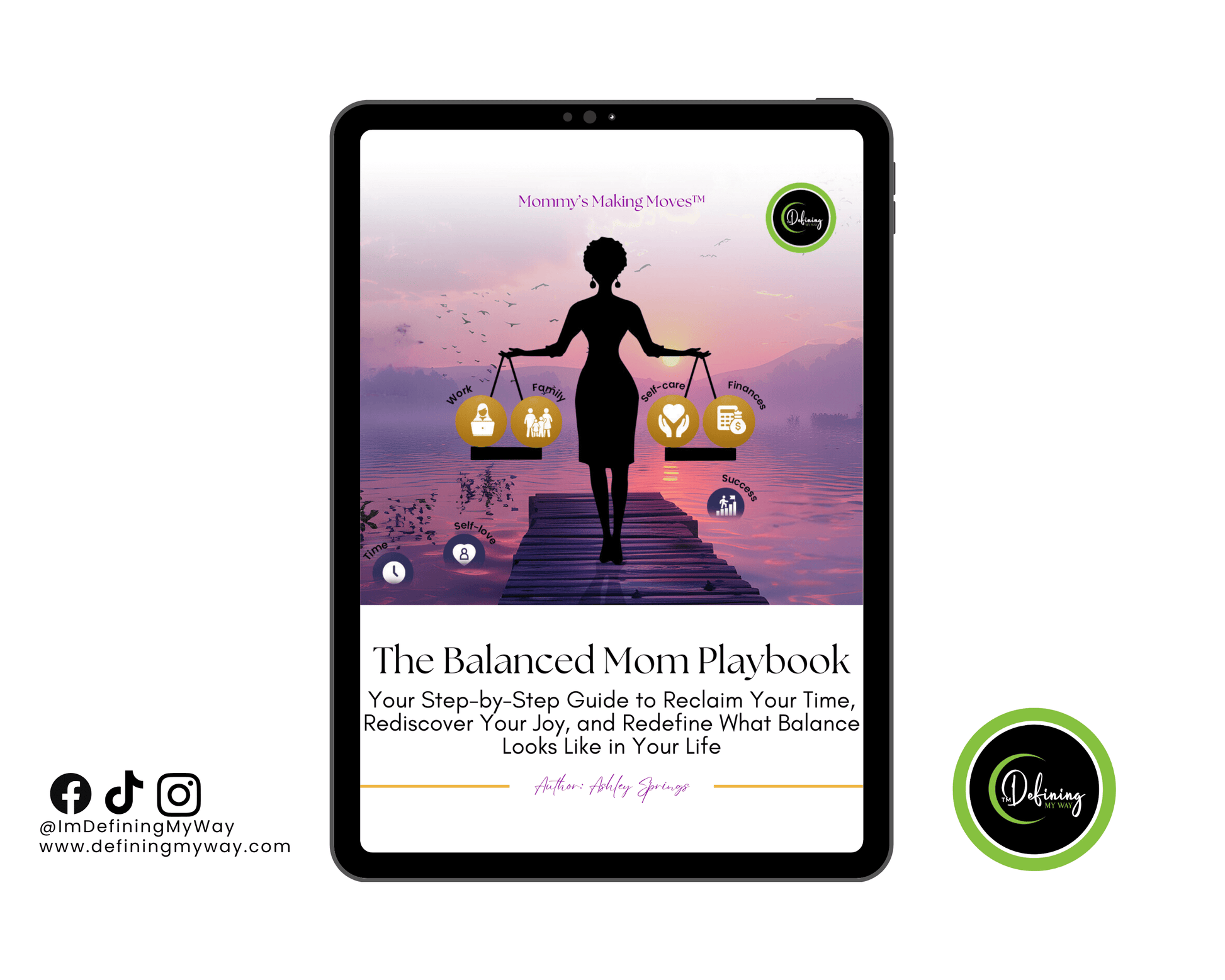 The Balanced Mom Playbook: A Weekly Guide to Time Management for Busy Moms | Self-Care & Goal Setting displayed on a tablet.