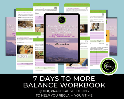 More Balance for Moms: Proven Tips and Strategies for a Calmer Life showcasing sample page mockups of the workbook.