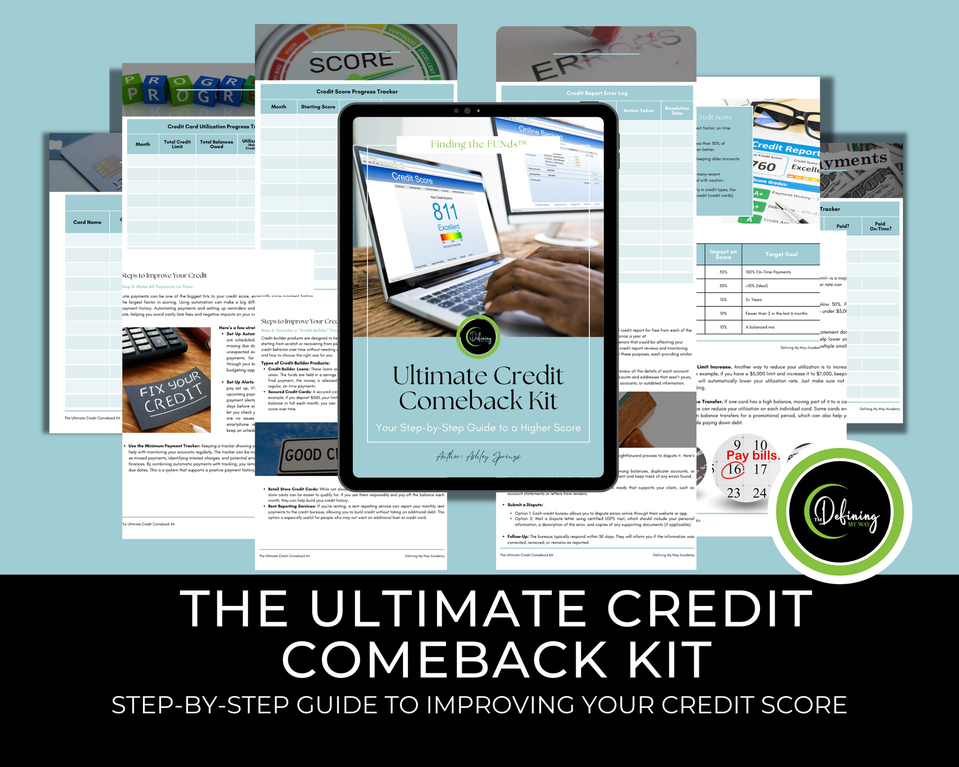 Ultimate Credit Comeback Kit -aka- the improve my credit score guide for moms showcasing workbook page mockups of the credit improvement workbook.