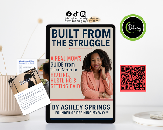 Book cover of 'Built from the Struggle' by Ashley Springs on a tablet with promotional materials.