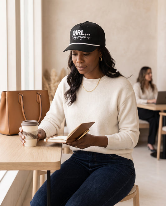 A woman sitting at a cafe table wearing a Black embroidered black rope hat with GIRL... Stay Prayed Up script lettering