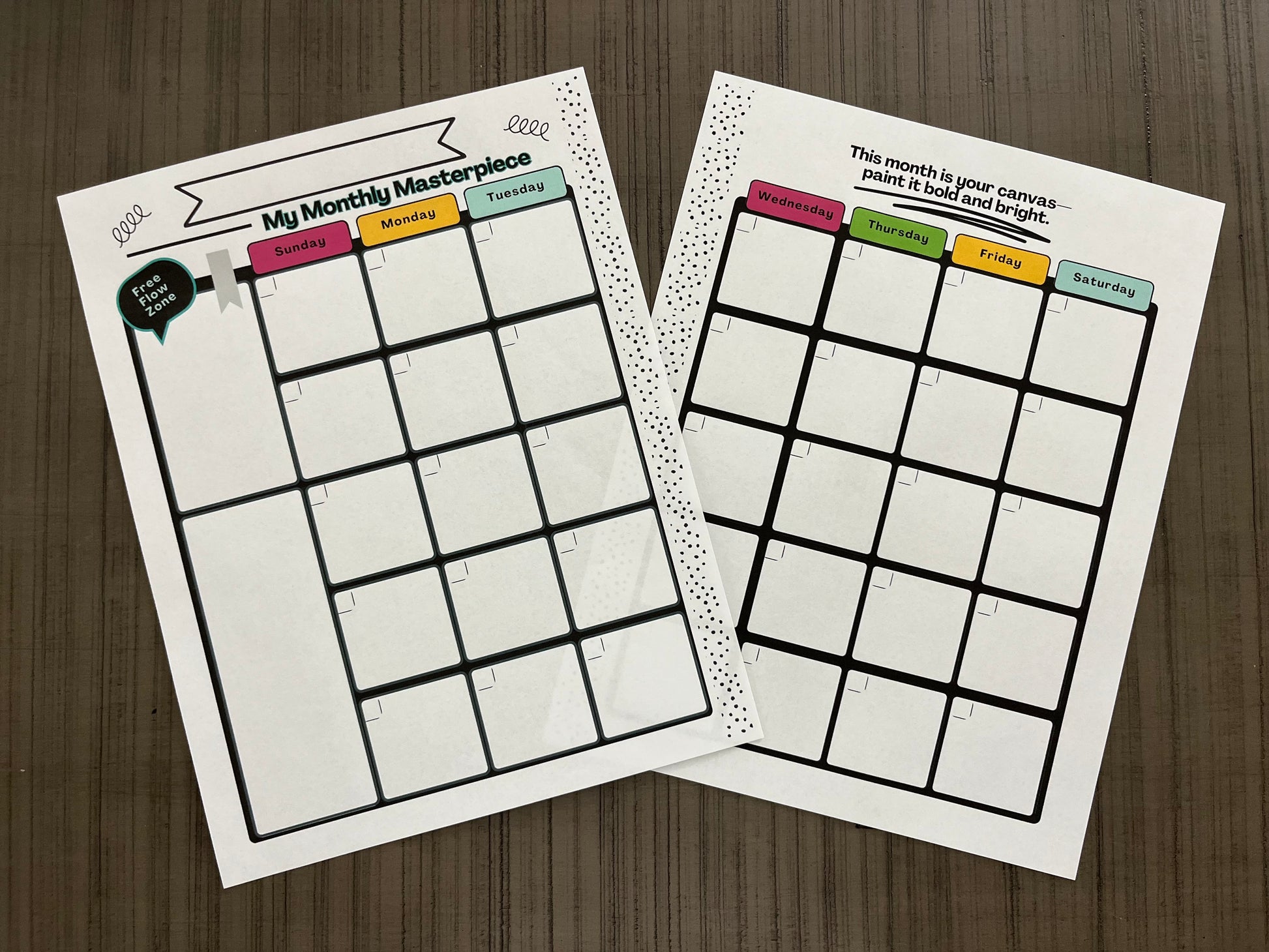 Hustle & Flow Planner branded monthly planning page mockups featuring white backgrounds bold, feminine branding designed for busy moms and creators.