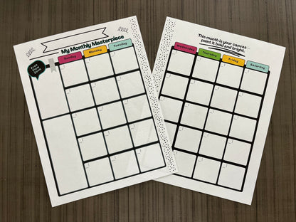 Hustle & Flow Planner branded monthly planning page mockups featuring white backgrounds bold, feminine branding designed for busy moms and creators.