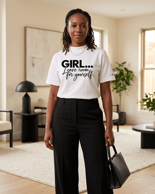 Oversized, elegant white tee with GIRL... Leave Room For Yourself statement print and doorway sleeve detail