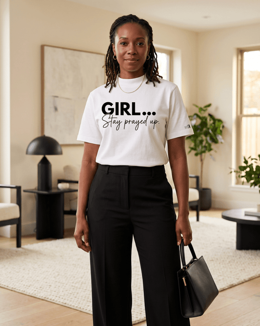 Oversized, elegant white tee with GIRL... Stay Prayed Up statement print and doorway sleeve detail