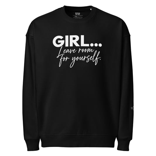 Oversized black sweatshirt with GIRL... Leave Room for yourself statement print and doorway sleeve detail