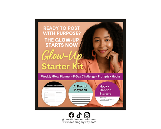 Glow-Up Starter Kit digital download mockup featuring bold, feminine branding, a content planner, and strategic worksheets designed for busy moms and creators.