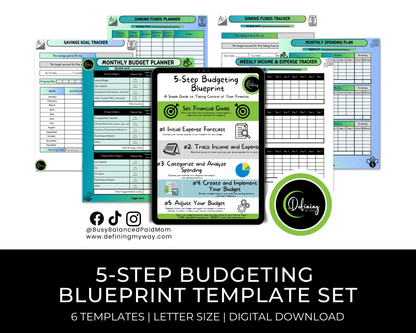 5-Step Budgeting Blueprint for beginners and professionals  showcasing sample page mockups of the workbook.
