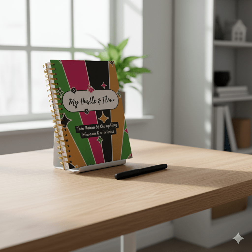 My Hustle & Flow Planner cover mockup featuring bold, feminine branding designed for busy moms and creators.
