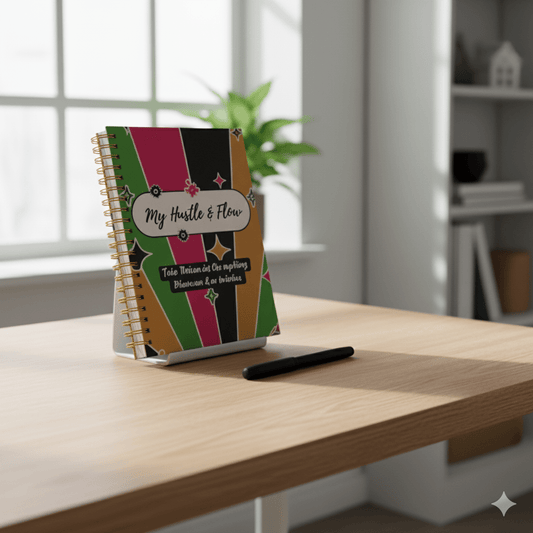 My Hustle & Flow Planner cover mockup featuring bold, feminine branding designed for busy moms and creators.