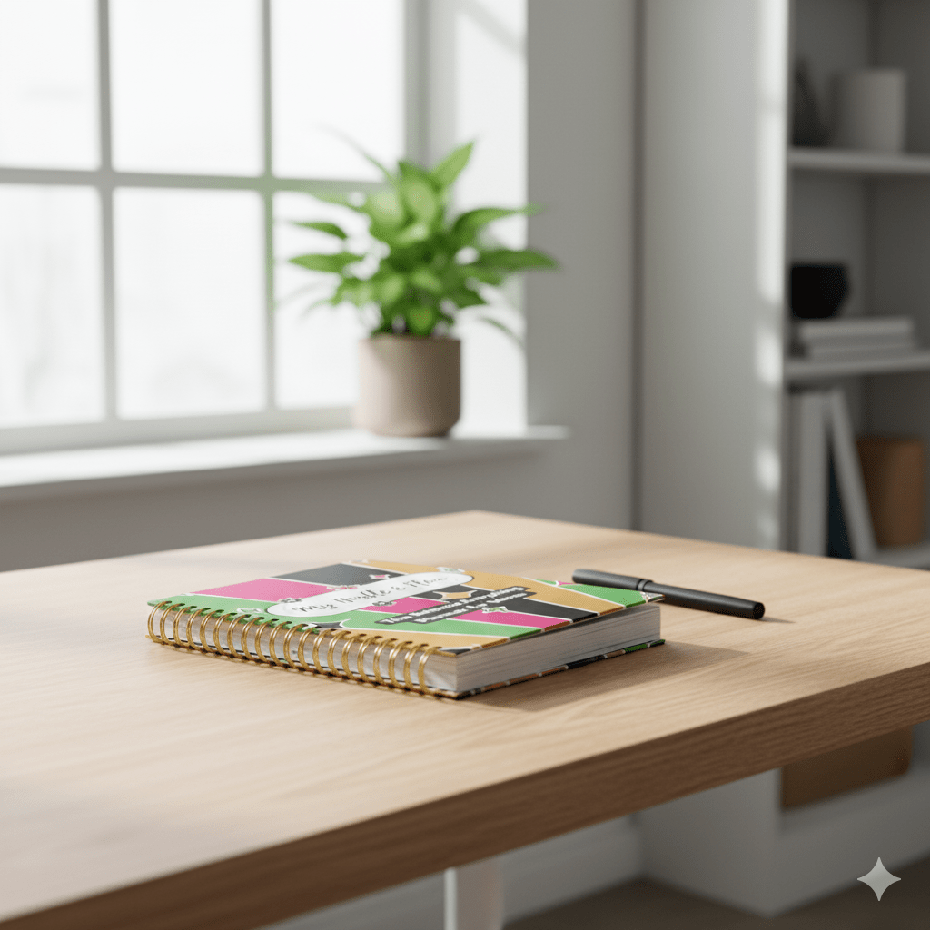 My Hustle & Flow Planner displayed on a desk featuring bold, feminine branding designed for busy moms and creators.