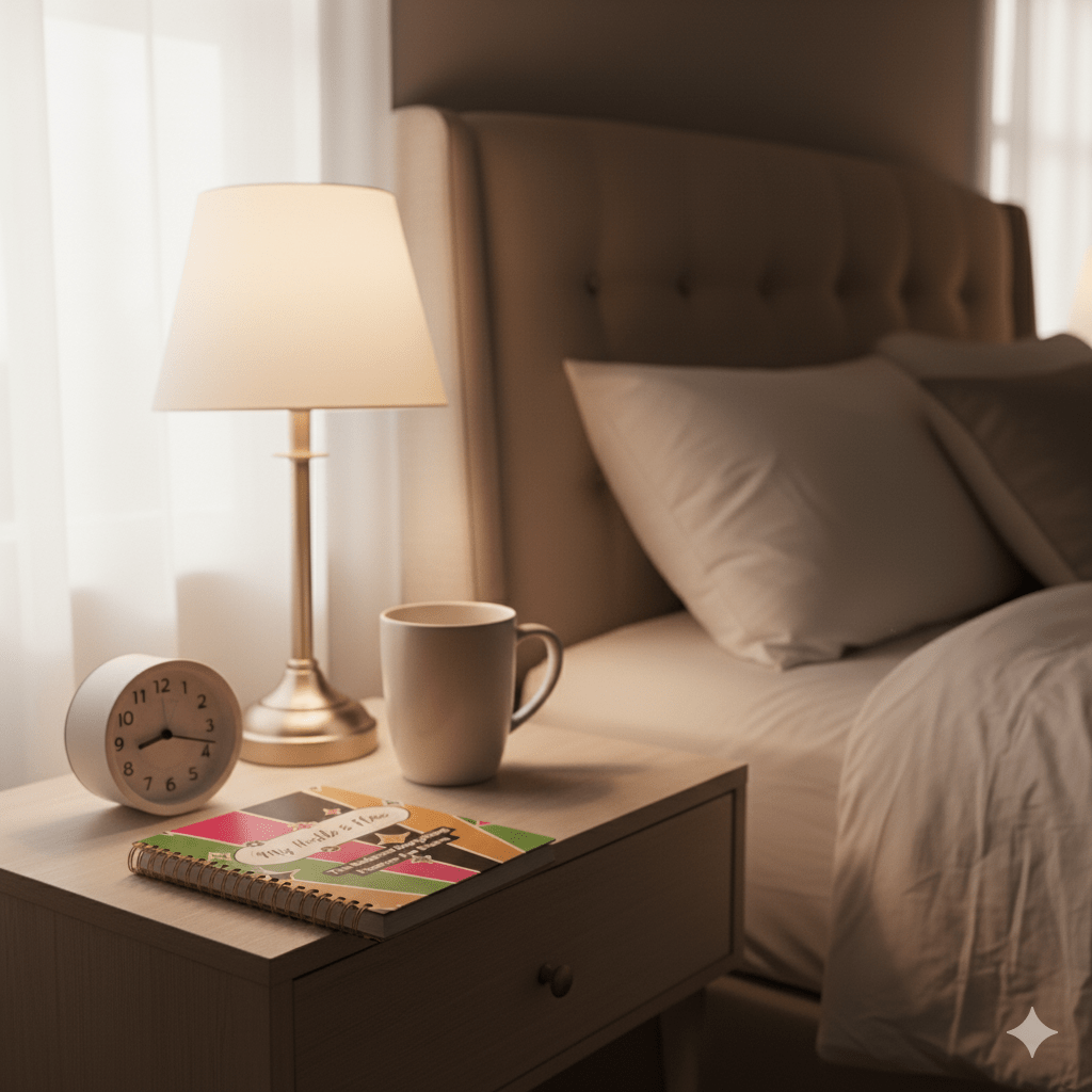 Cozy bedside setup featuring a lamp, clock, coffee mug, and a busy mom planner on a nightstand.