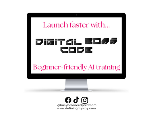 Digital Boss Code on computer screen promoting beginner-friendly AI training for fast product launch.