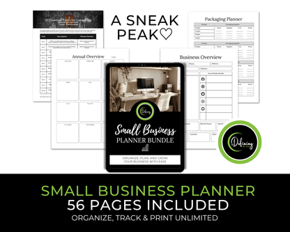 Sneak peek of the Small Business Planner Bundle showcasing 56 pages to organize, track, and grow your business.