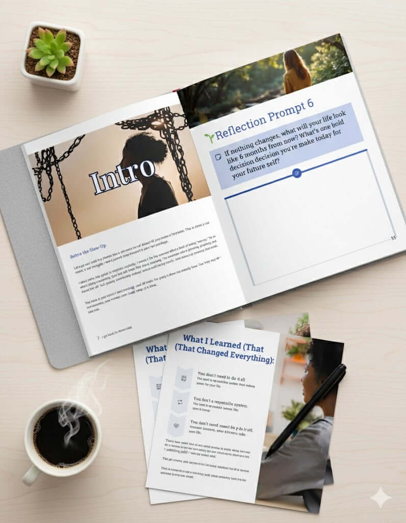 Close-up of 'Built From The Struggle' workbook open to a Reflection Prompt and motivational quote page. The image is a flat lay on a cozy blanket with a cup of tea, emphasizing personal self-care and growth.