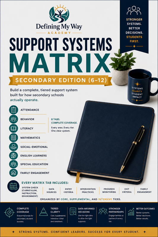 Support Systems Matrix Secondary Edition 6-12 — Tiered Support Planning Tool for Middle and High School — Defining My Way Academy