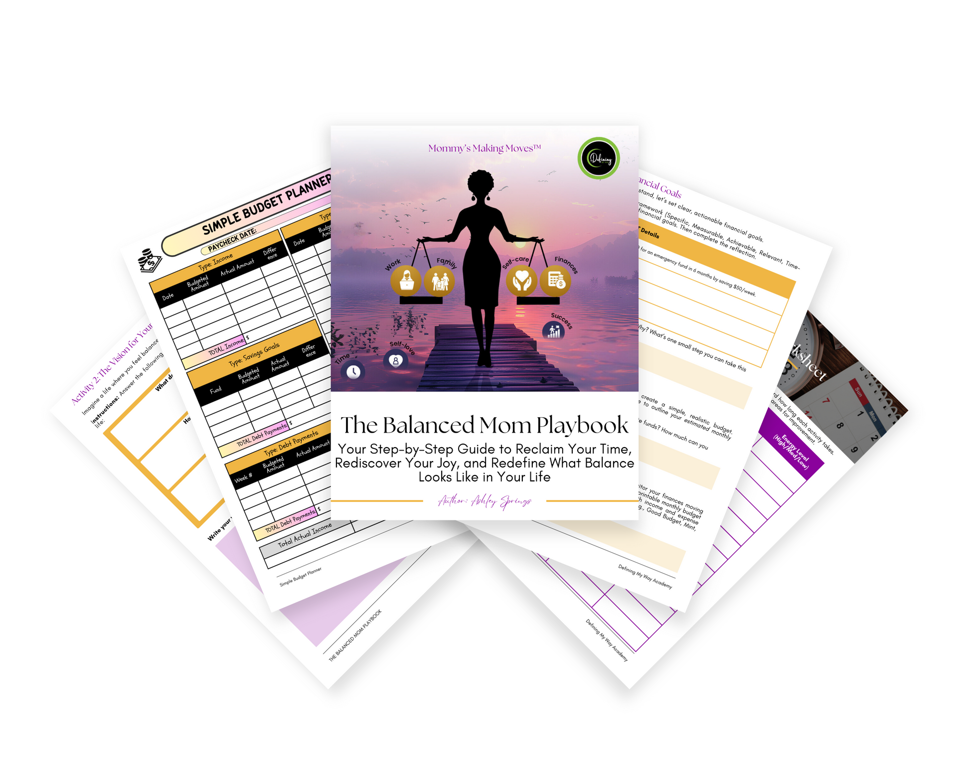 The Balanced Mom Playbook: A Weekly Guide to Time Management for Busy Moms | Self-Care & Goal Setting displayed showcasing sample page mockups of the workbook.