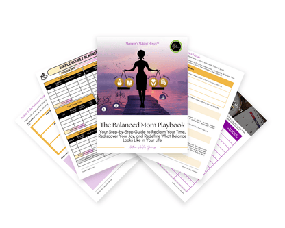 The Balanced Mom Playbook: A Weekly Guide to Time Management for Busy Moms | Self-Care & Goal Setting displayed showcasing sample page mockups of the workbook.
