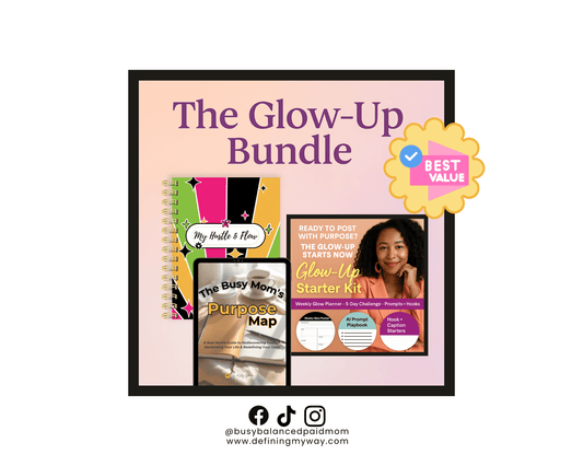 Mockup image of the Glow-Up Bundle including planner, purpose map, and content strategy worksheets for moms and creators