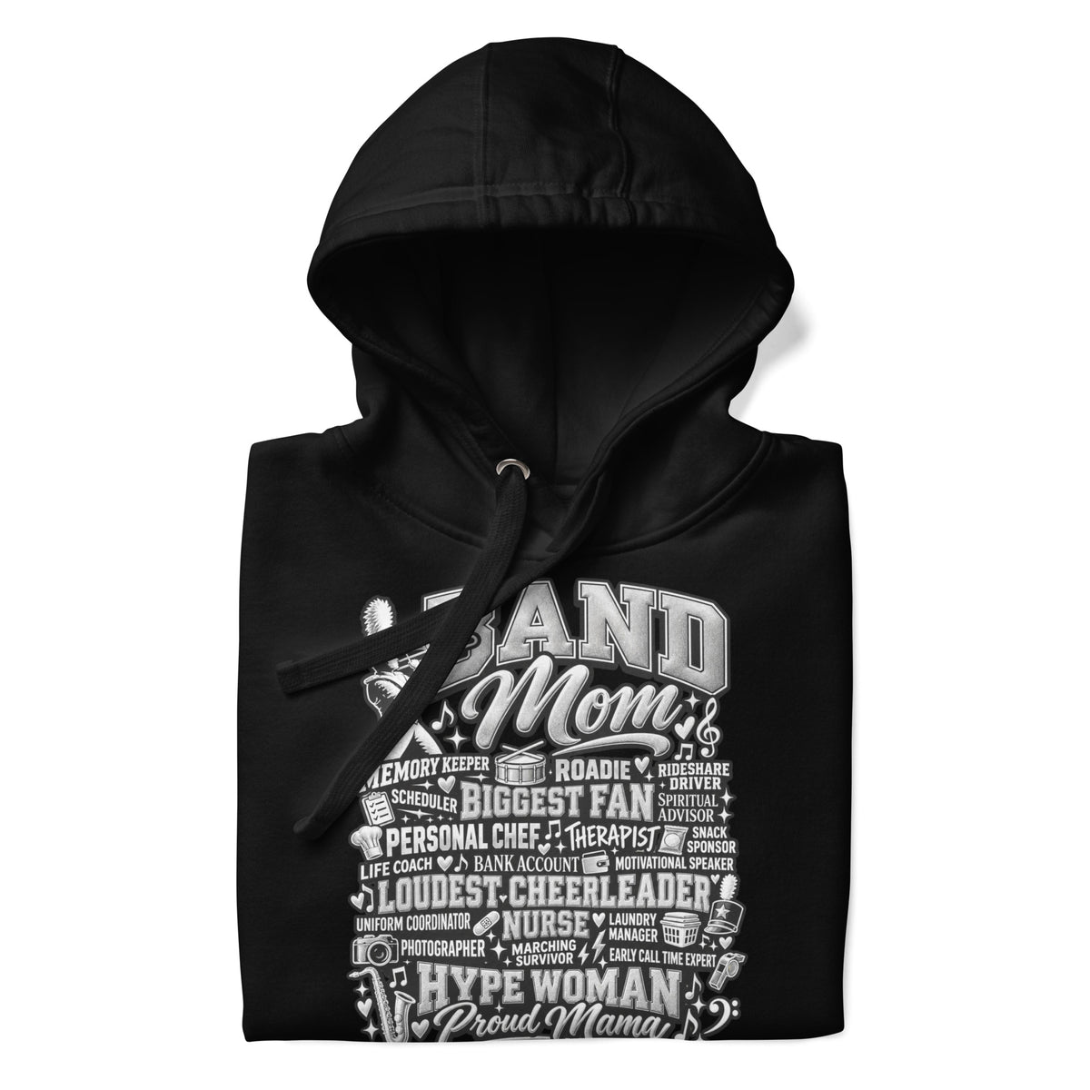 black Band Mom hoodie with "All My Roles" design, front view