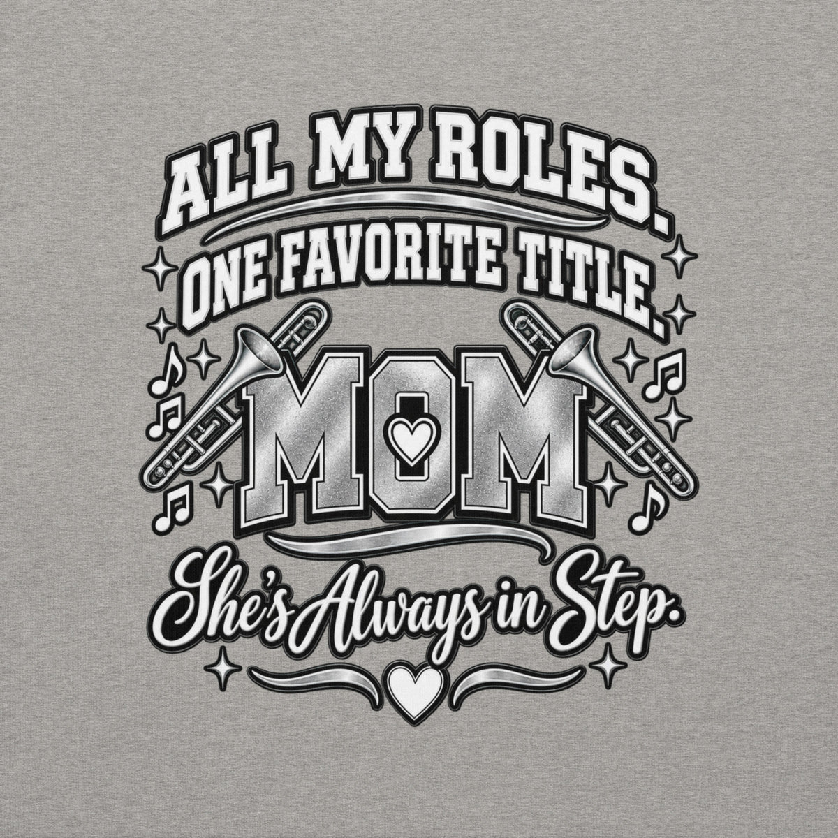 carbon gray Band Mom hoodie with "All My Roles" design, back view