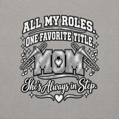 carbon gray Band Mom hoodie with "All My Roles" design, back view