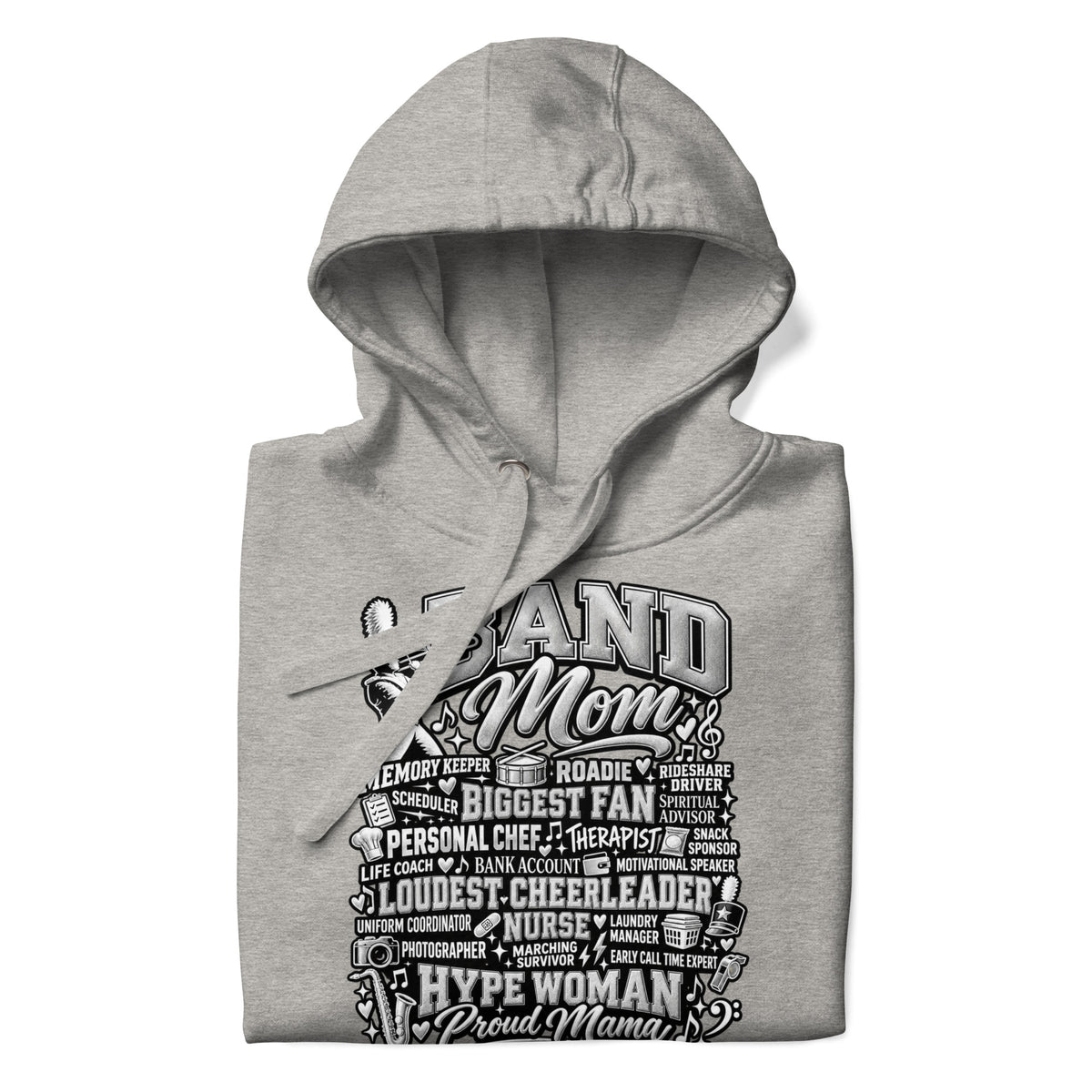 carbon gray Band Mom hoodie with "All My Roles" design, front view