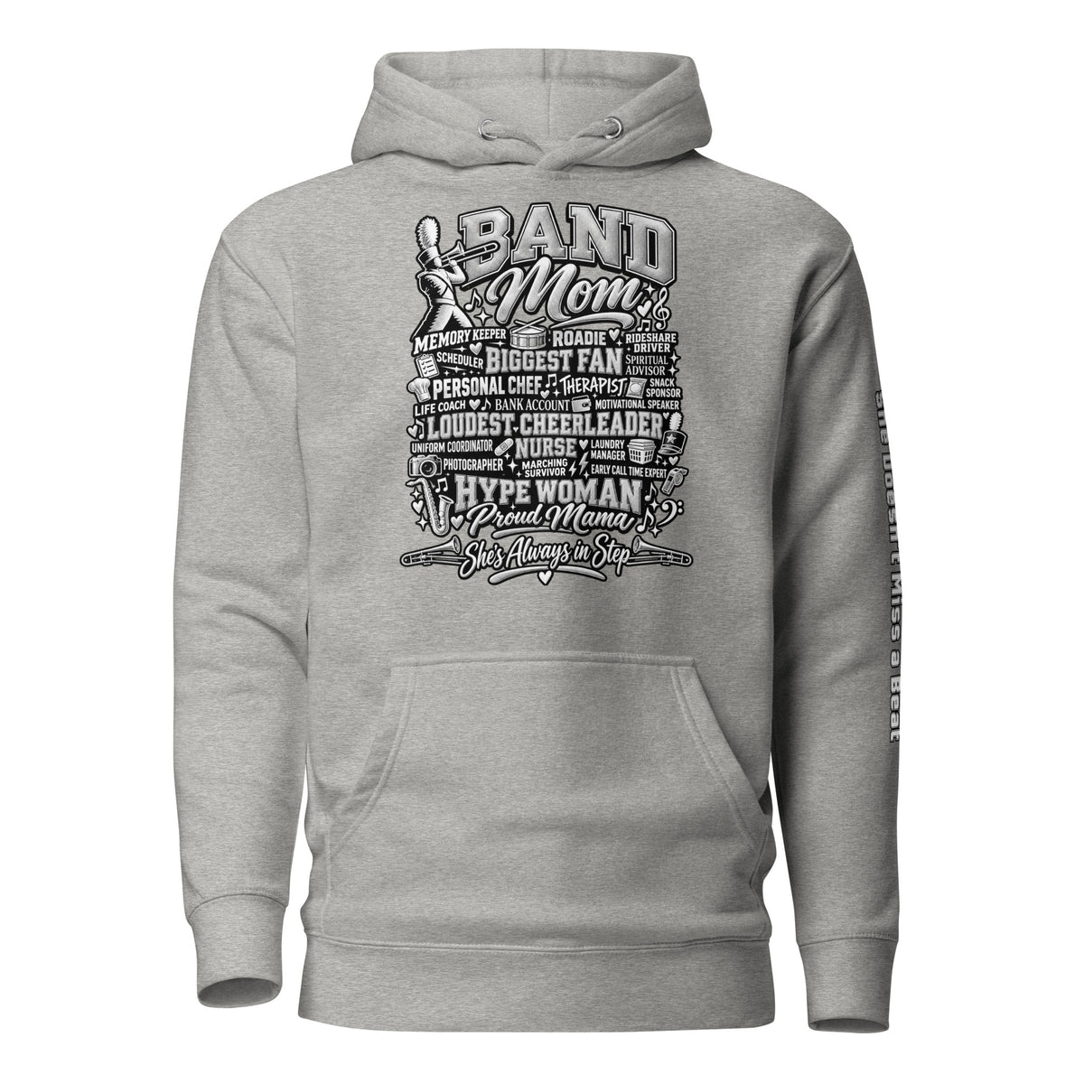 carbon gray Band Mom hoodie with "All My Roles" design, front view