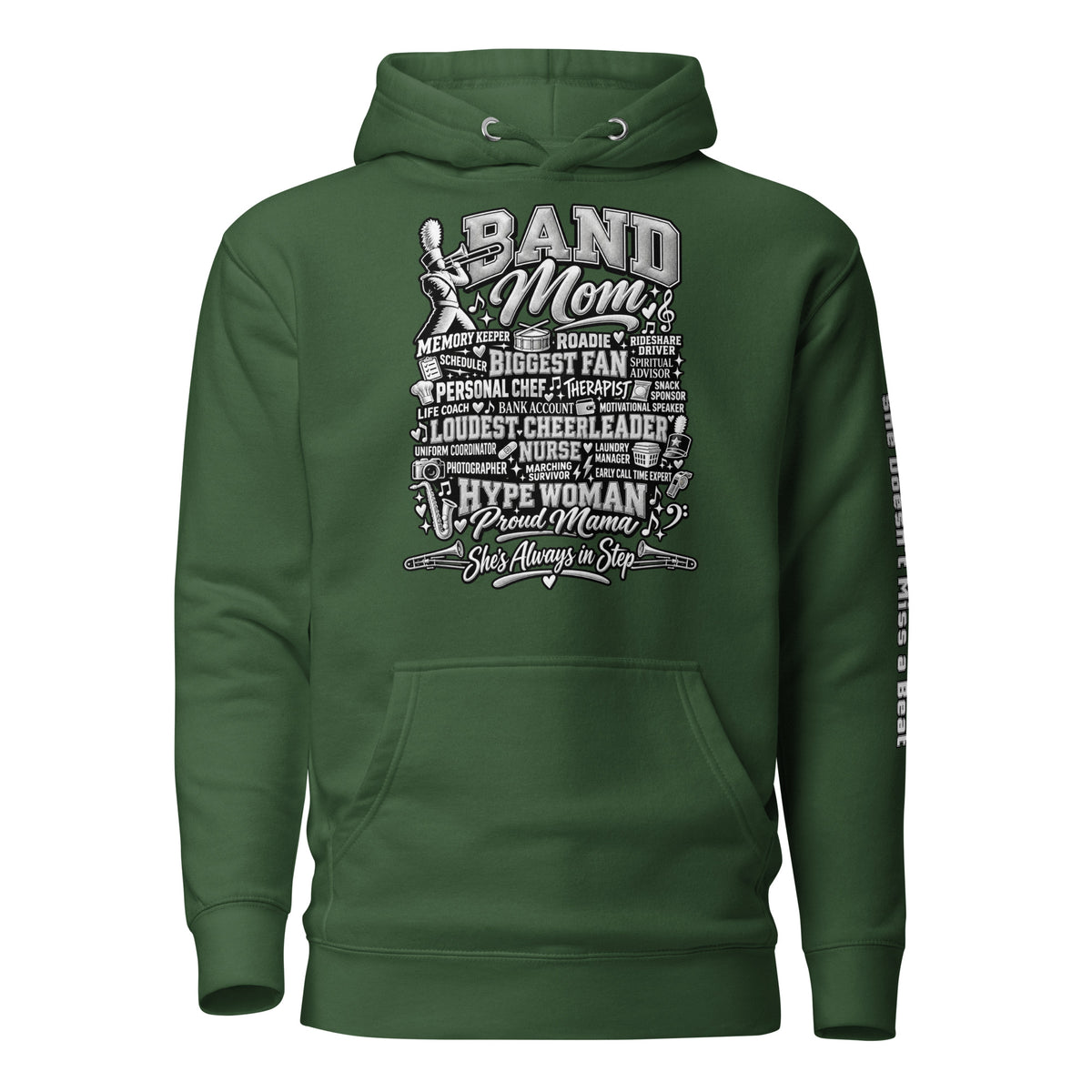 forest green Band Mom hoodie with "All My Roles" design, front view