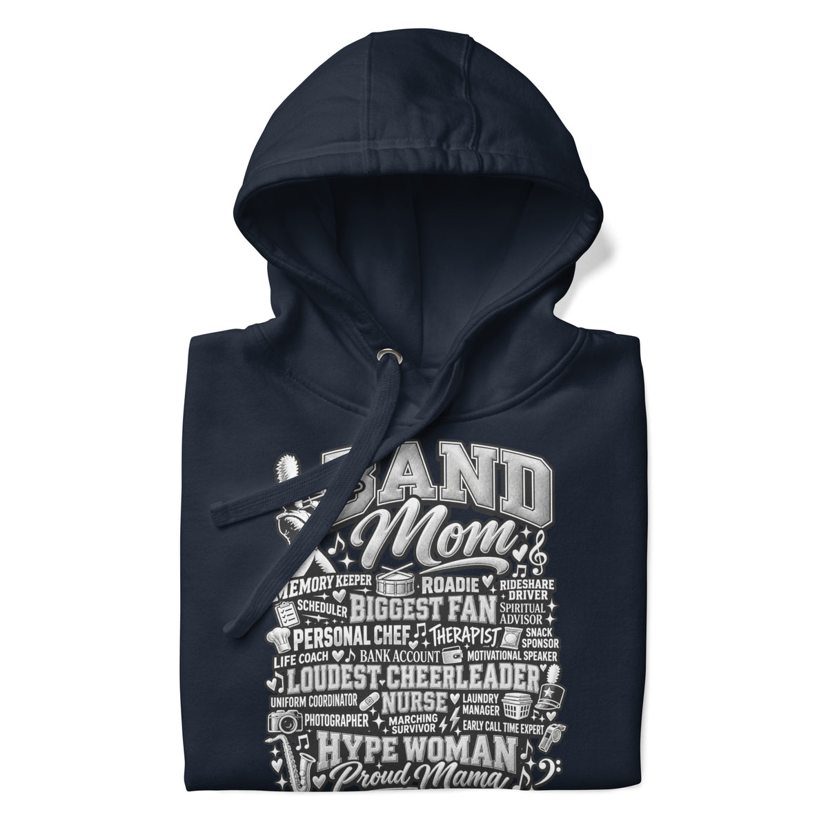 navy Band Mom hoodie with "All My Roles" design, front view