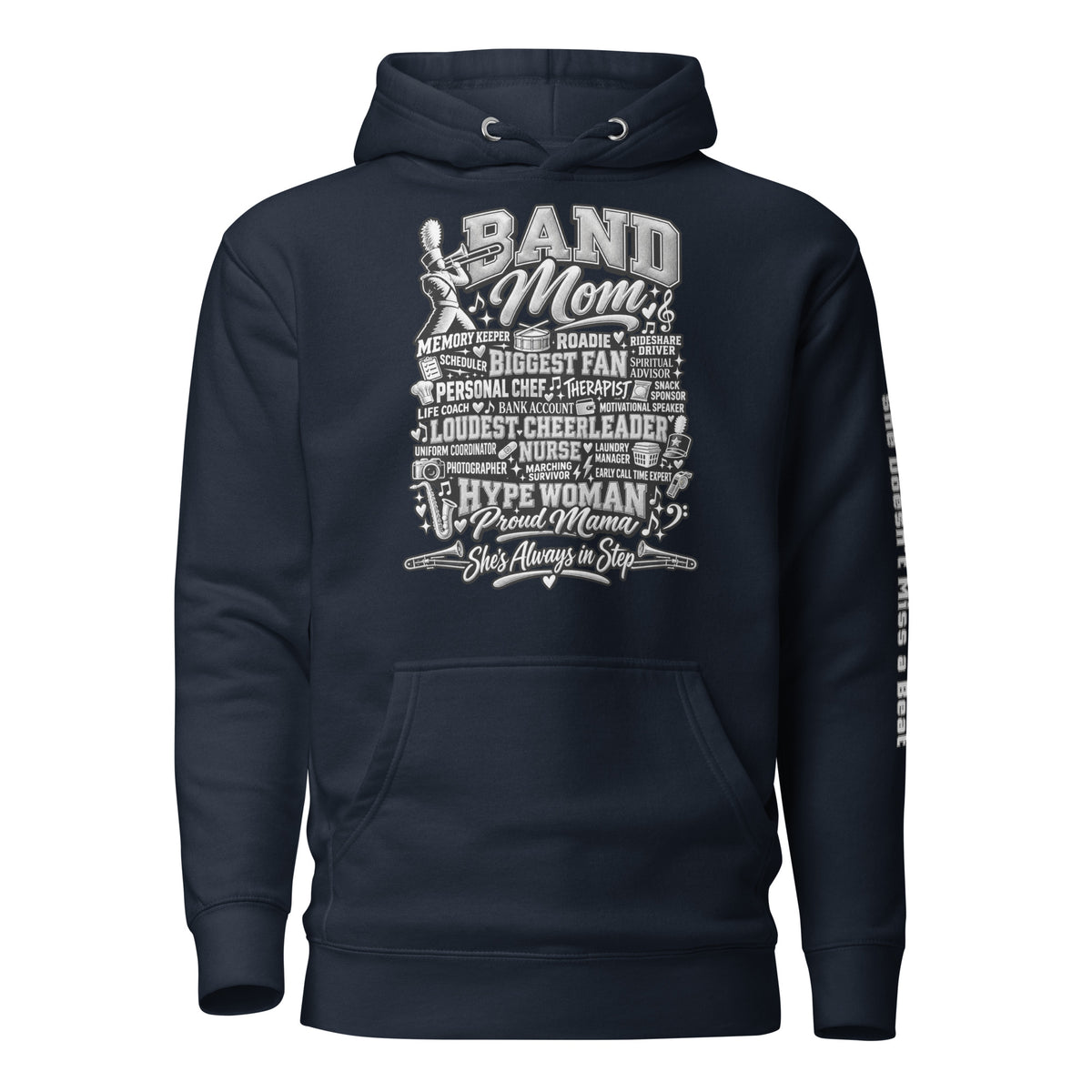 navy Band Mom hoodie with "All My Roles" design, front view