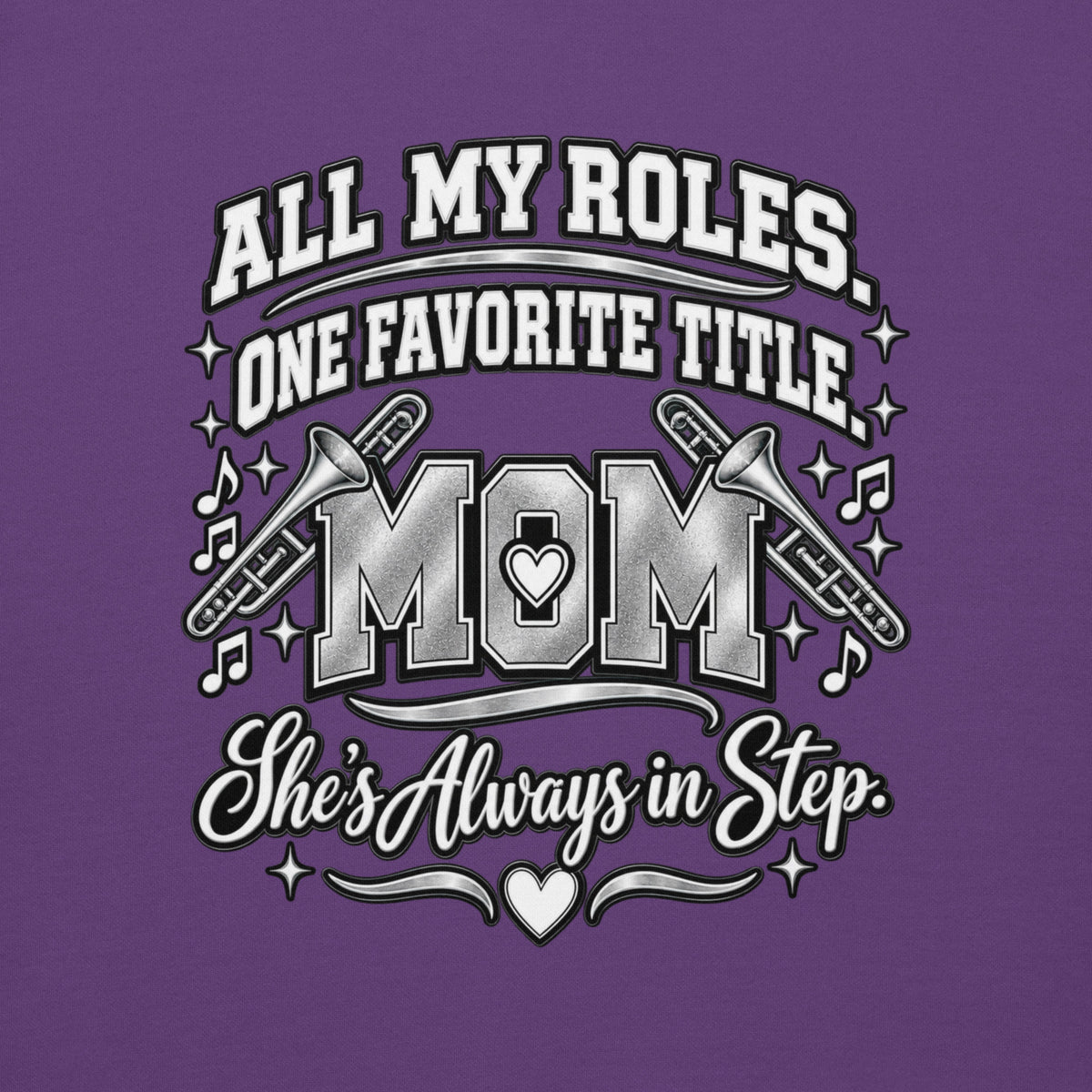 purple Band Mom hoodie with "All My Roles" design, back view