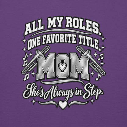 purple Band Mom hoodie with "All My Roles" design, back view
