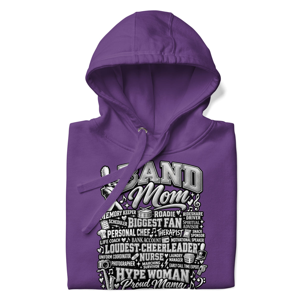 purple Band Mom hoodie with "All My Roles" design, front view