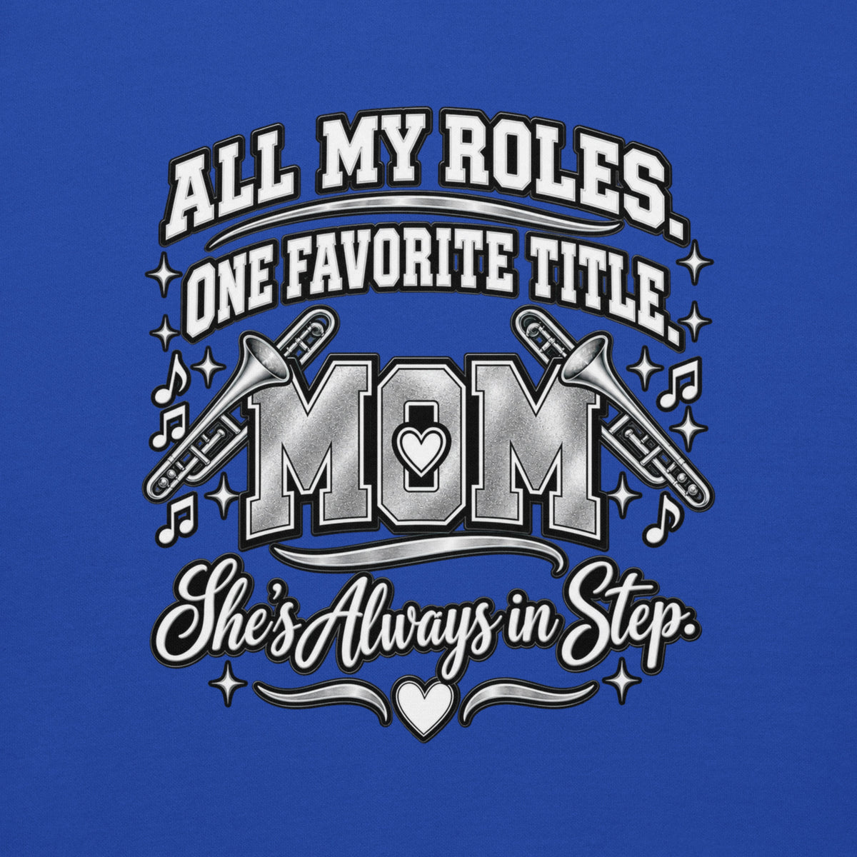 royal blue Band Mom hoodie with "All My Roles" design, back view