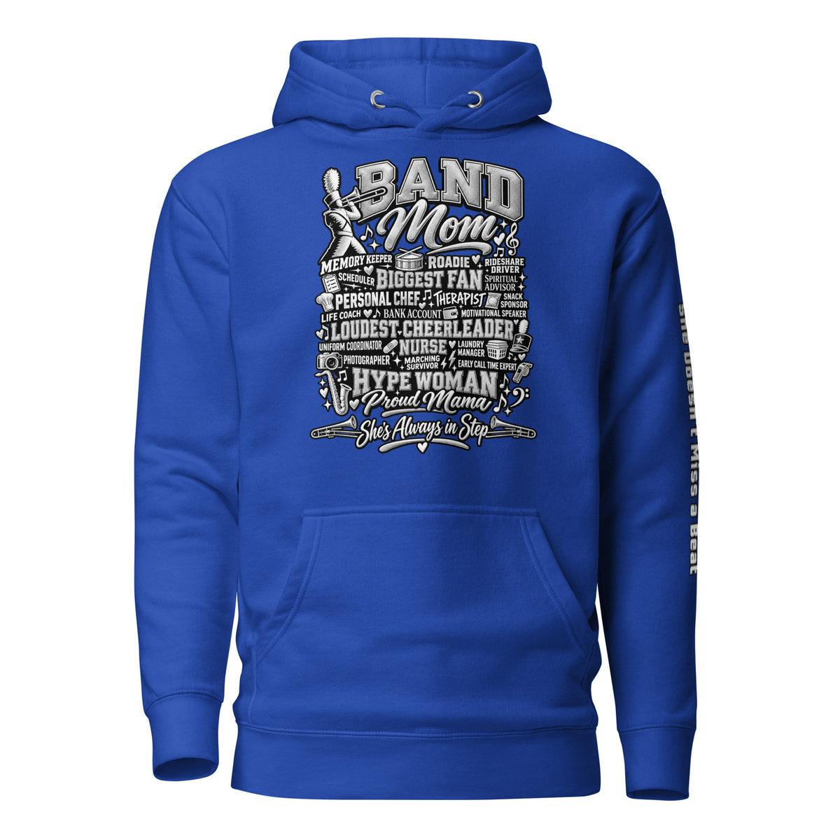royal blue Band Mom hoodie with "All My Roles" design, front view