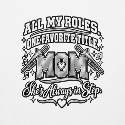 white Band Mom hoodie with "All My Roles" design, back view