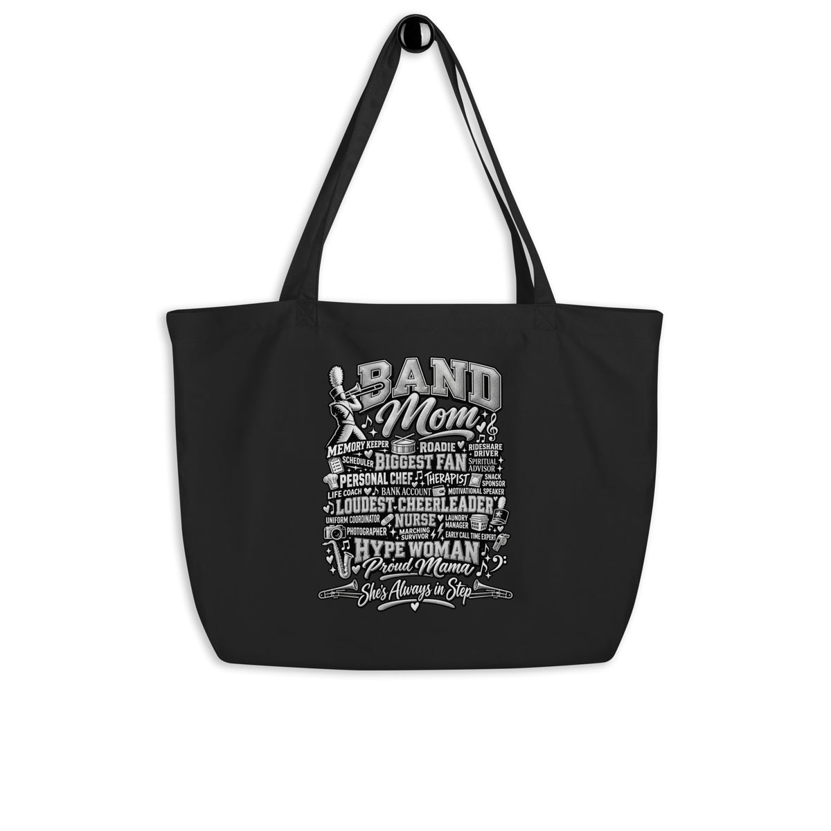 black Band Mom tote bag with "All My Roles" design, front view