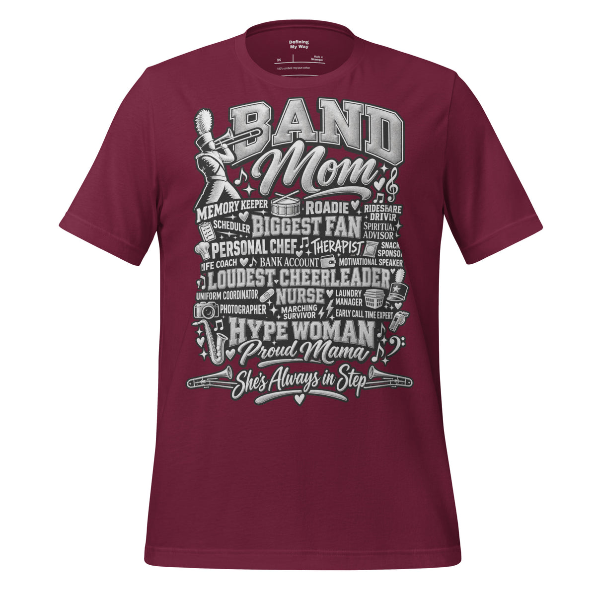 maroon Band Mom t-shirt with "All My Roles" design, front view