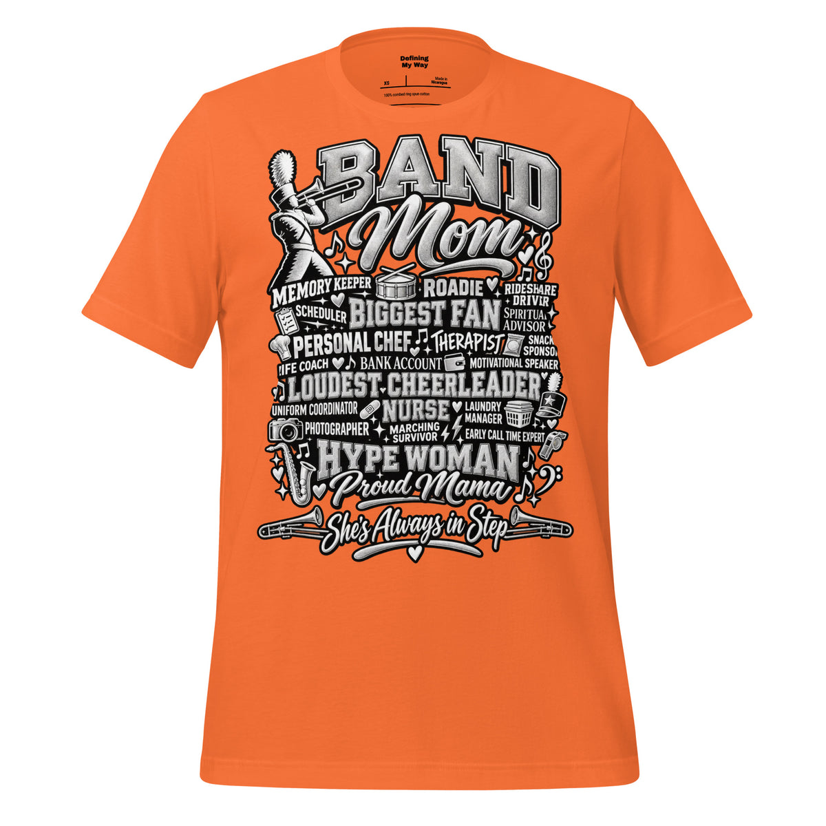 orange Band Mom t-shirt with "All My Roles" design, front view