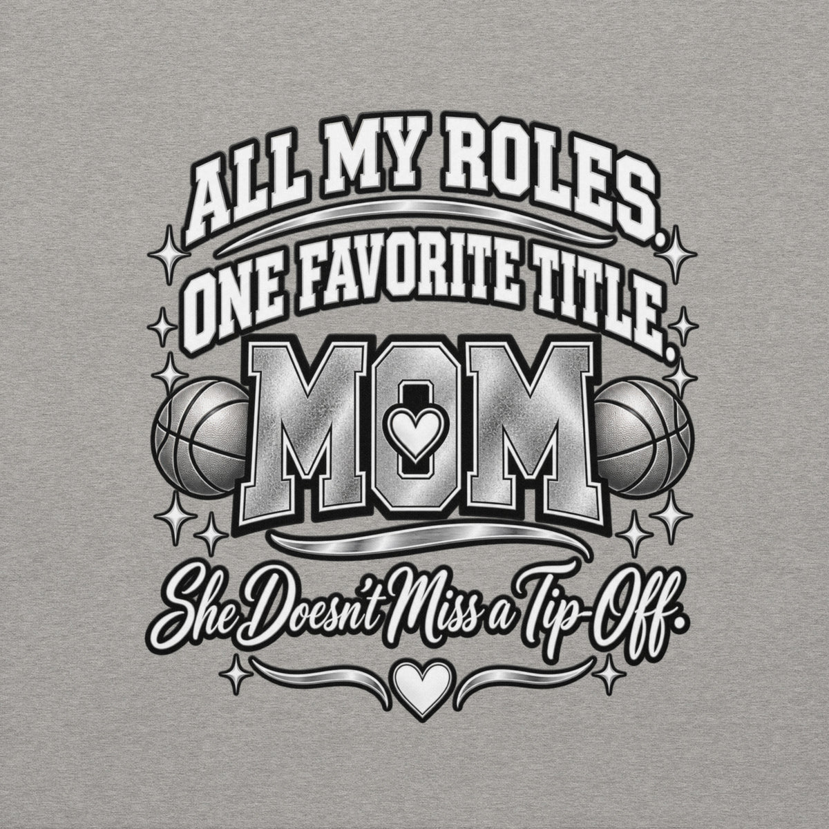 carbon gray Basketball Mom hoodie with "All My Roles" design, chrome print, back view