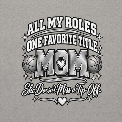 carbon gray Basketball Mom hoodie with "All My Roles" design, chrome print, back view