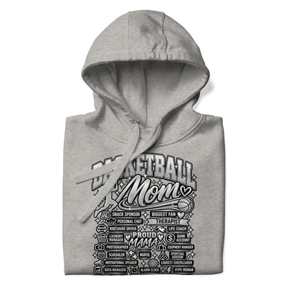 carbon gray Basketball Mom hoodie with "All My Roles" design, chrome print, front view