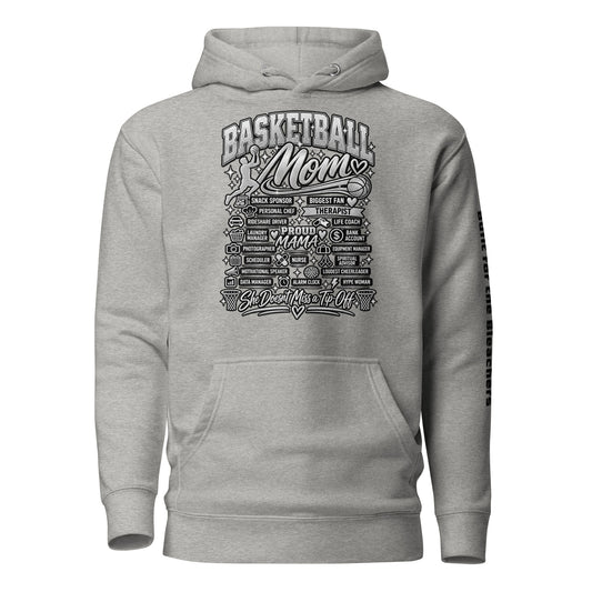 carbon gray Basketball Mom hoodie with "All My Roles" design, chrome print, front view