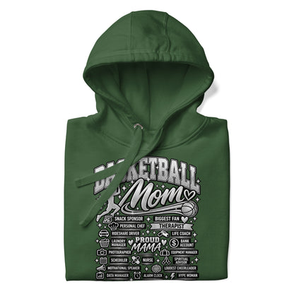 forest green Basketball Mom hoodie with "All My Roles" design, chrome print, front view