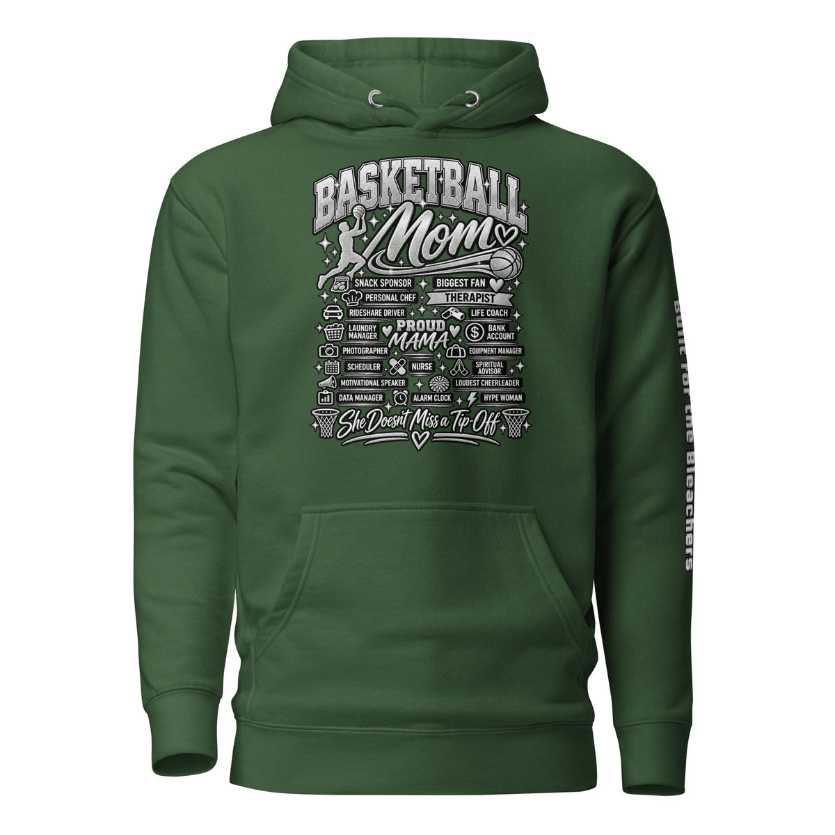 forest green Basketball Mom hoodie with "All My Roles" design, chrome print, front view