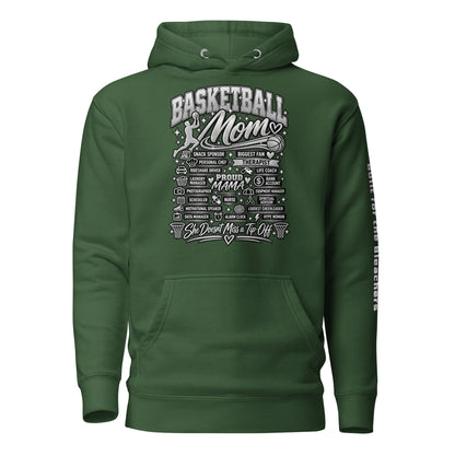 forest green Basketball Mom hoodie with "All My Roles" design, chrome print, front view