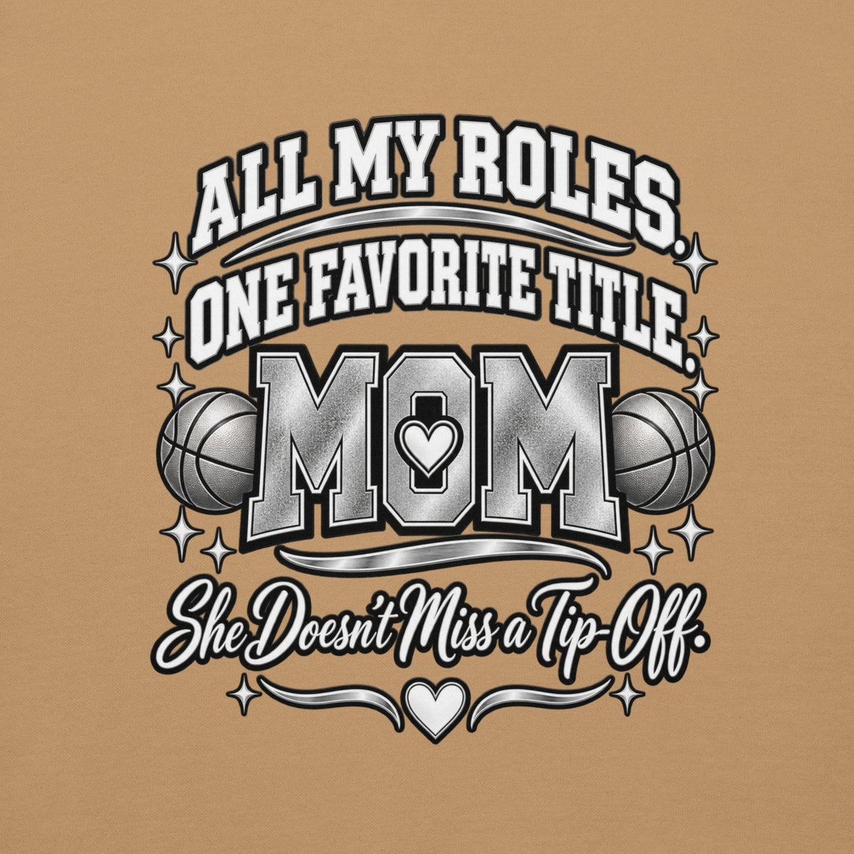 khaki Basketball Mom hoodie with "All My Roles" design, chrome print, back view